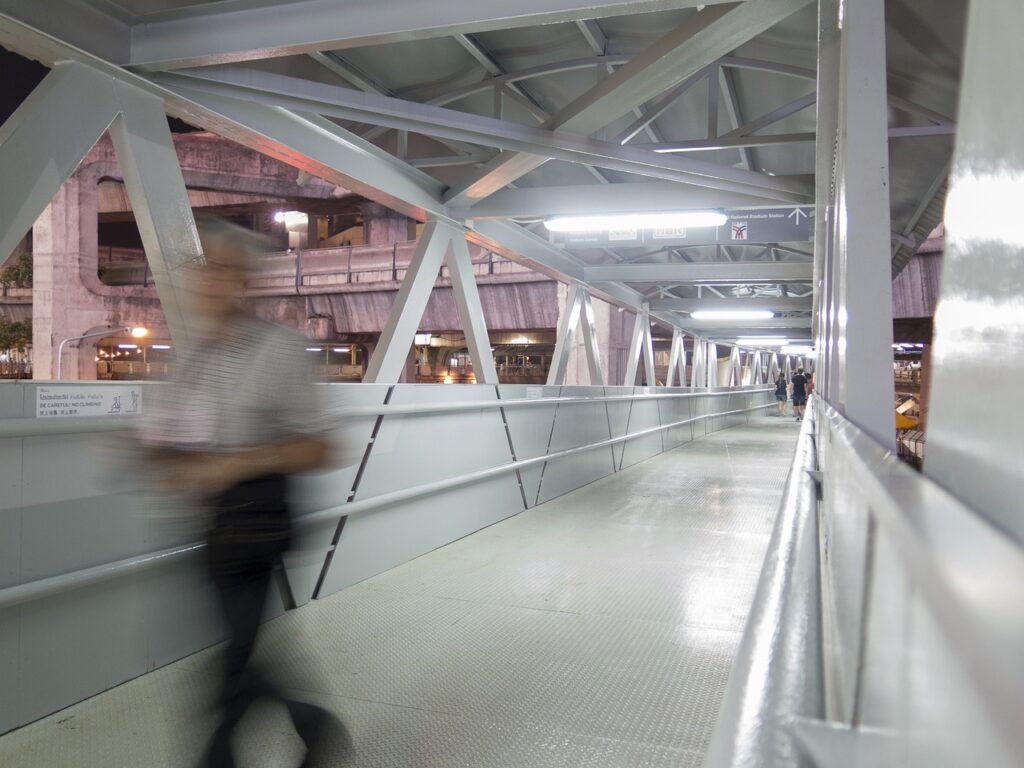 siam discovery, department store, man, walking, blur, overpass, skywalk, department store, department store, department store, department store, department store, overpass, skywalk